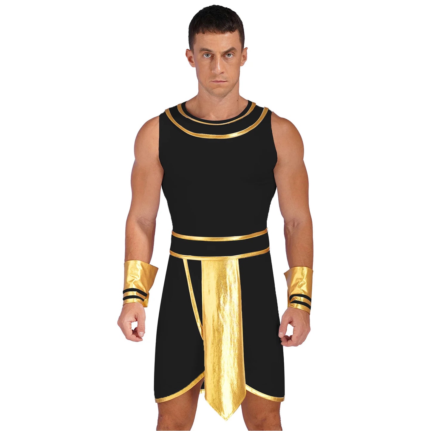 Mens Halloween Egyptian Costume Adult Ancient Egypt King Prince Fancy Dress Up Robe Dress with Cuffs Outfit for Carnival Party