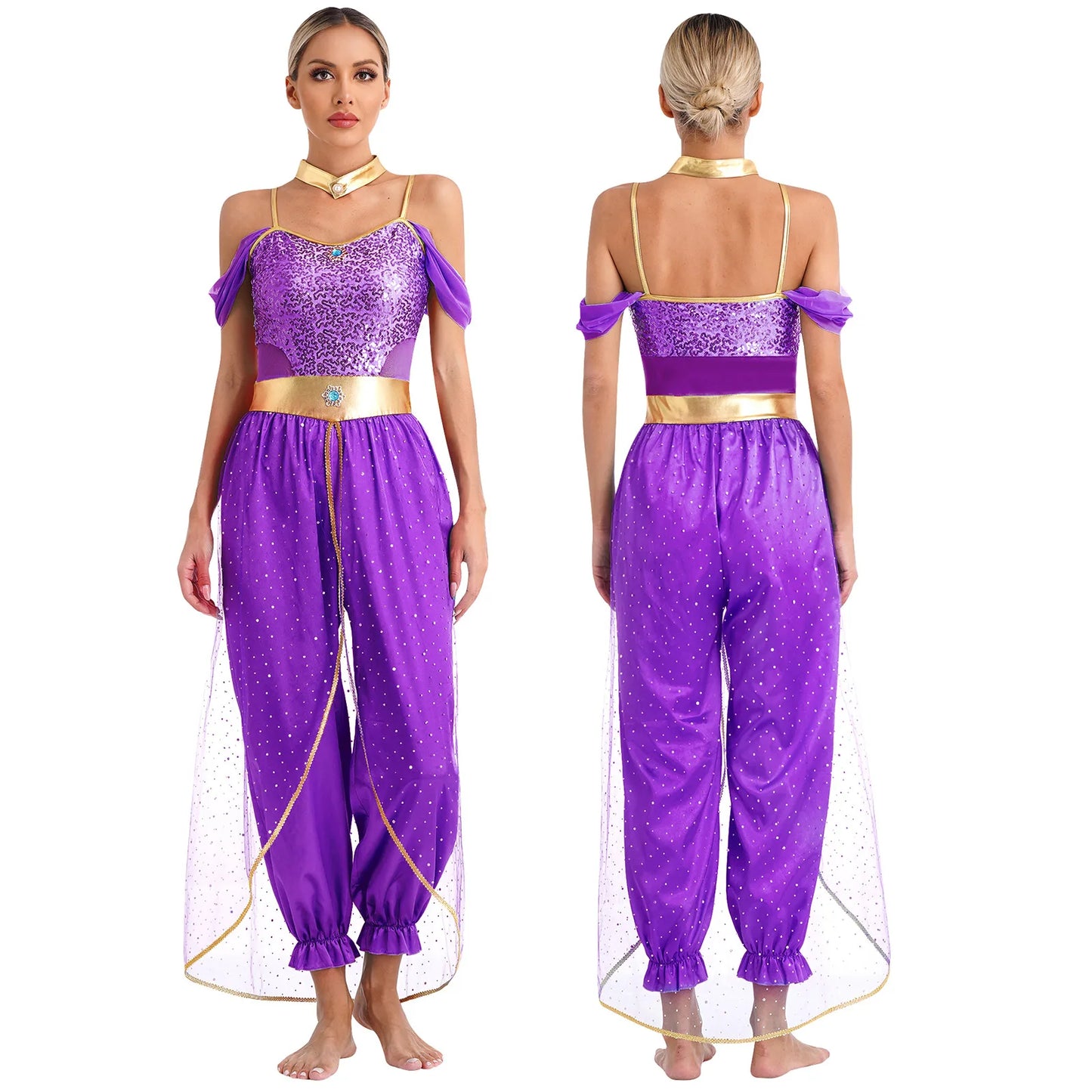 Womens Halloween Arabian Princess Costume Gems Sequin Tulle Rompers Belly Dance Jumpsuit for Carnival Aladin Theme Party Cosplay