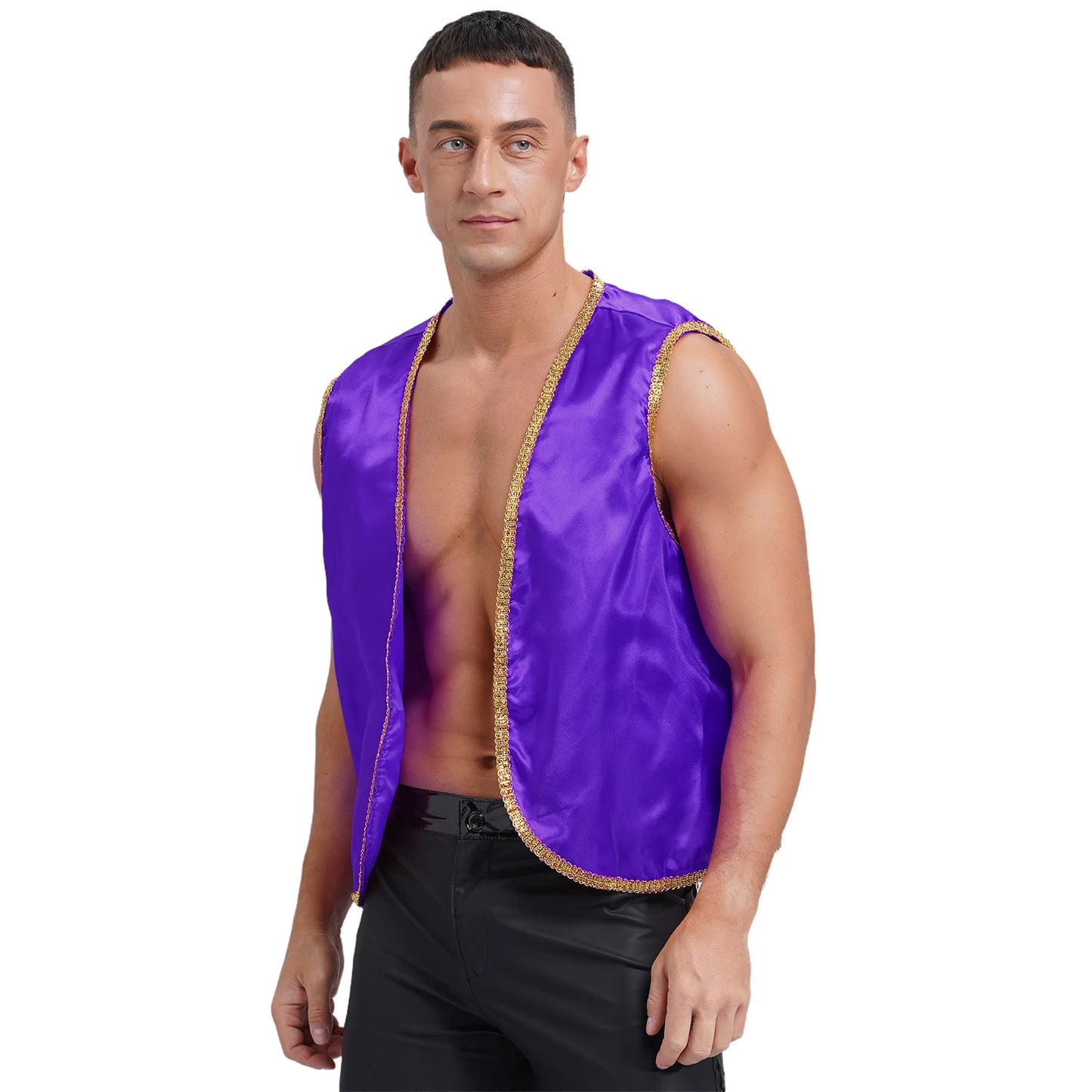 Mens Arab Prince Costume Persian Arabian Aladin Halloween Role Play Sleeveless Vest Waistcoat with Pant Suit Carnival Outfits