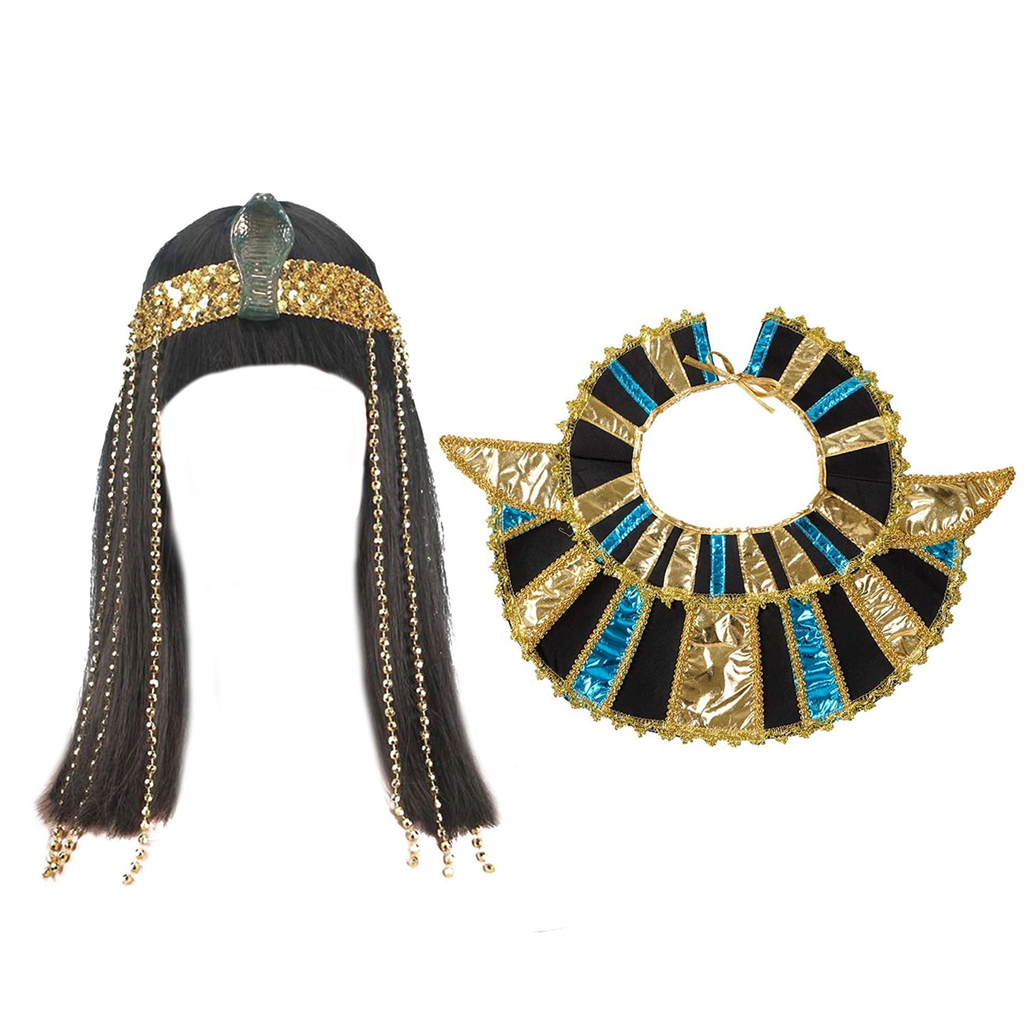 Cleopatra Egyptian Queen Wig and Beads Fringe Snake Headband Straight Hair Wig Egypt Neck Collar Halloween Cosplay Accessories