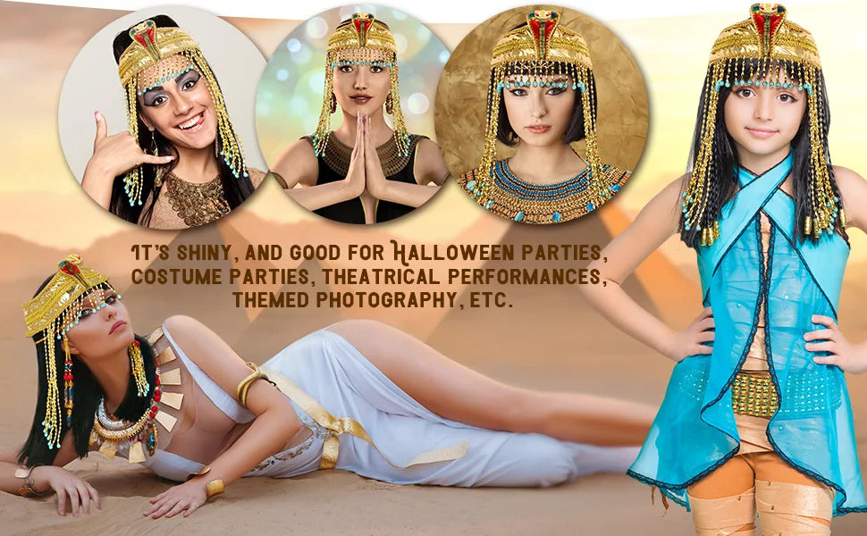 Cleopatra Jewelry Headband Snake Headpiece Adult Belt Collar Hat Set Halloween 4 Pieces Women's Egyptian Costume Accessories