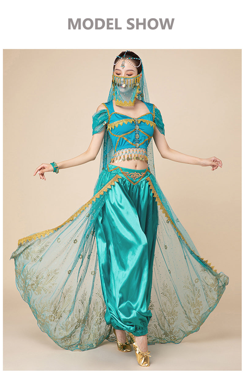 Women Arabic Belly Dance Costume Adult Oriental Indian Sari Bollywood Jasmine Halloween Cosplay Headdress Top Pants Rave Outfit