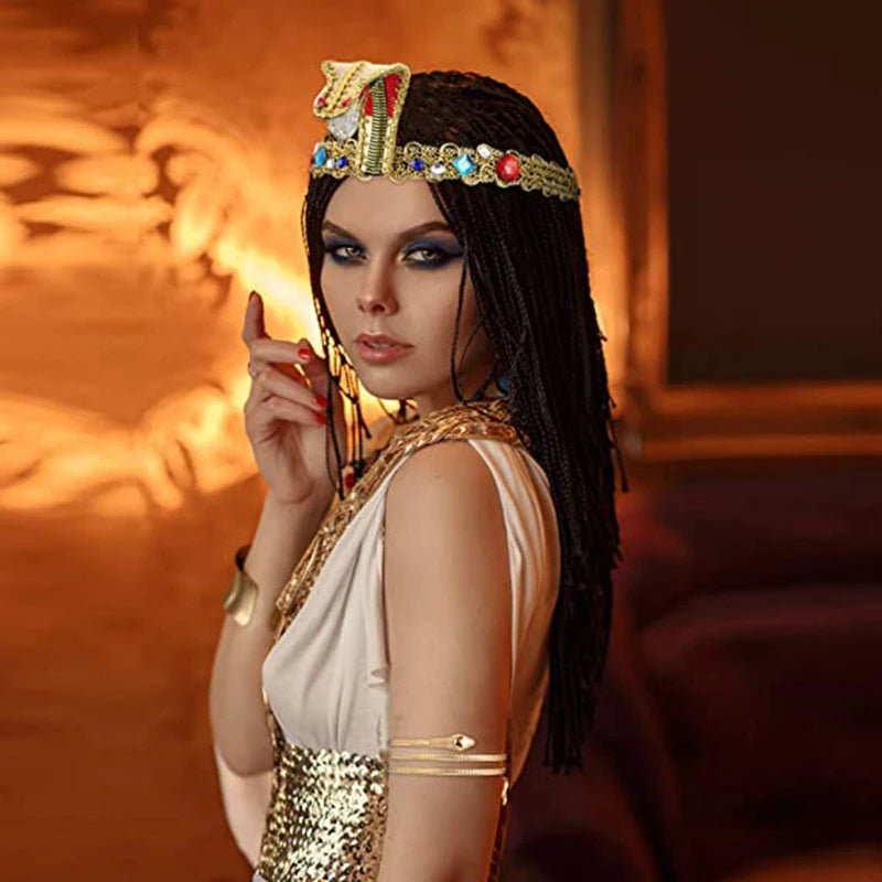 3 Pieces Egyptian Costume Accessories Egyptian Headpiece with 2 Pieces Metal Snake Arm Cuffs Swirl Snake Bracelets Snake Upper