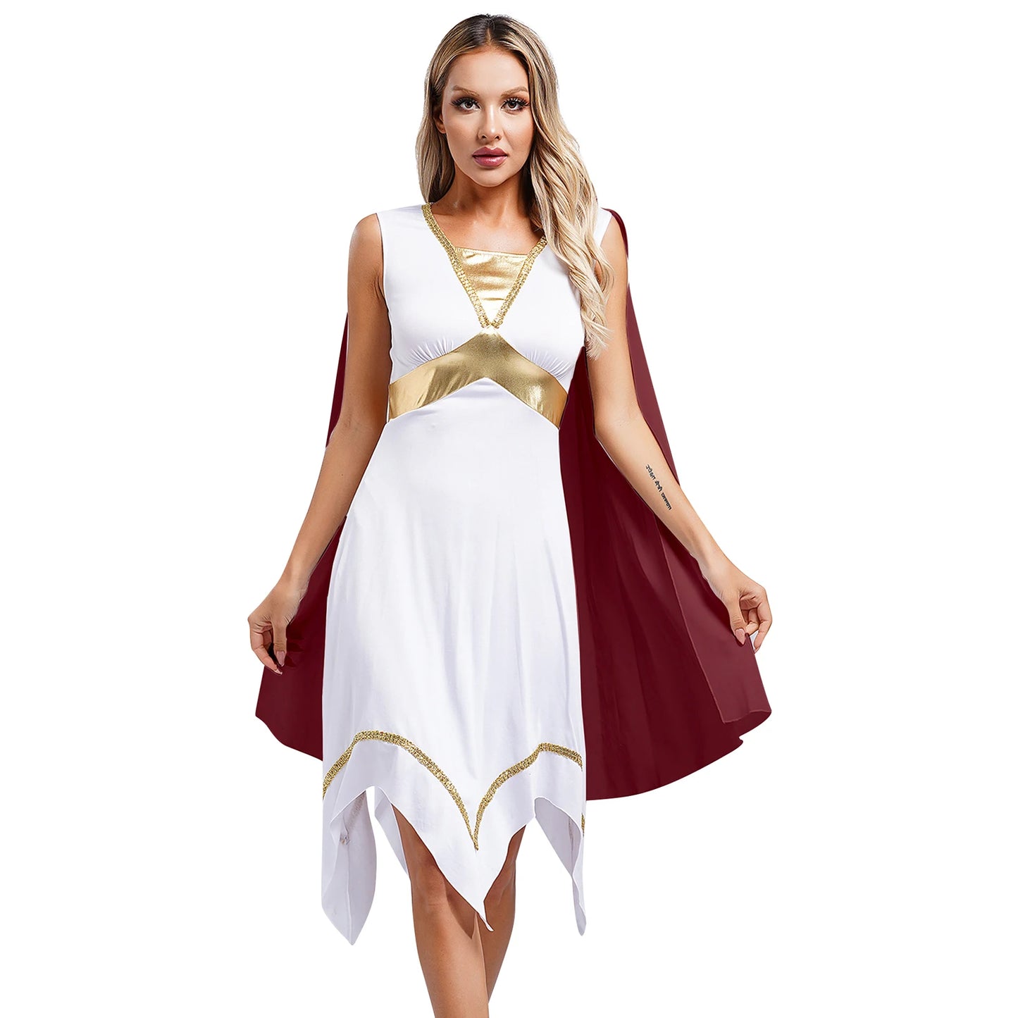 Women Halloween Ancient Greek Athena Goddesses Princess Queen Cosplay Costume Roman Toga Dress Cape Sleeve Sequin Split Gown