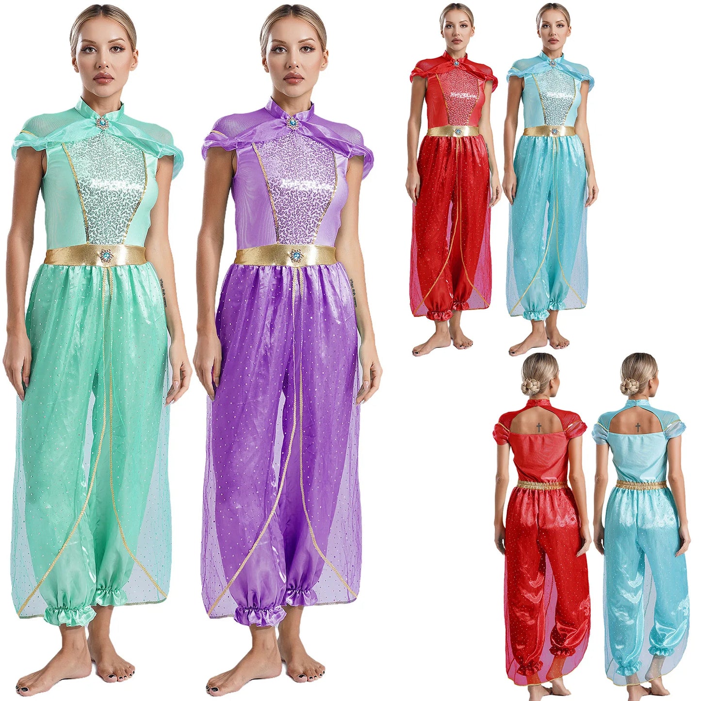 Womens Halloween Arabian Princess Costume Gems Sequin Tulle Rompers Belly Dance Jumpsuit for Carnival Aladin Theme Party Cosplay