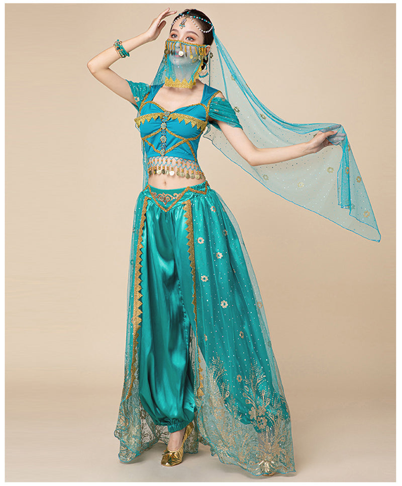 Women Arabic Belly Dance Costume Adult Oriental Indian Sari Bollywood Jasmine Halloween Cosplay Headdress Top Pants Rave Outfit