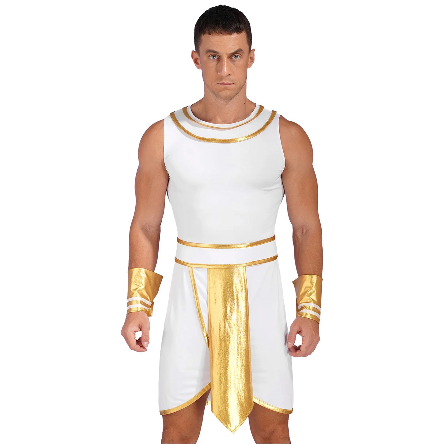 Mens Halloween Egyptian Costume Adult Ancient Egypt King Prince Fancy Dress Up Robe Dress with Cuffs Outfit for Carnival Party