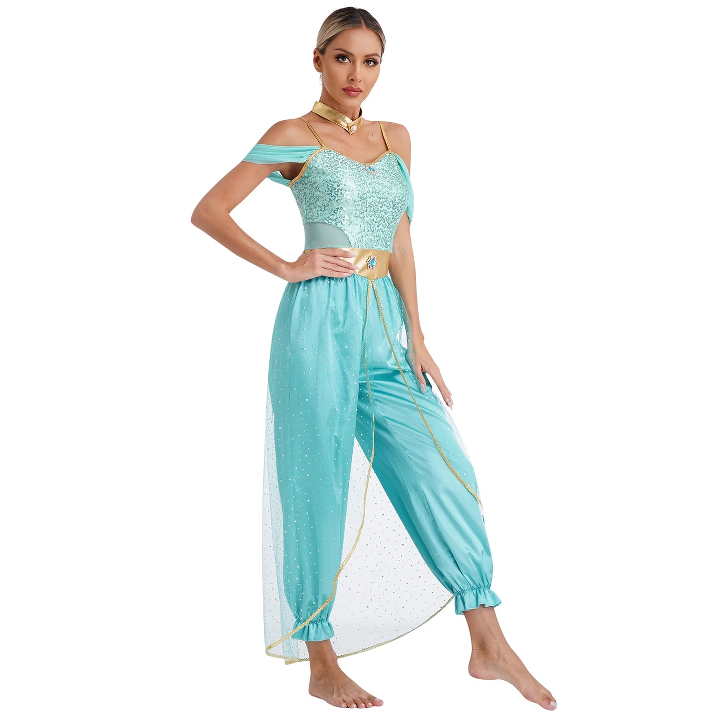 Womens Halloween Arabian Princess Costume Gems Sequin Tulle Rompers Belly Dance Jumpsuit for Carnival Aladin Theme Party Cosplay