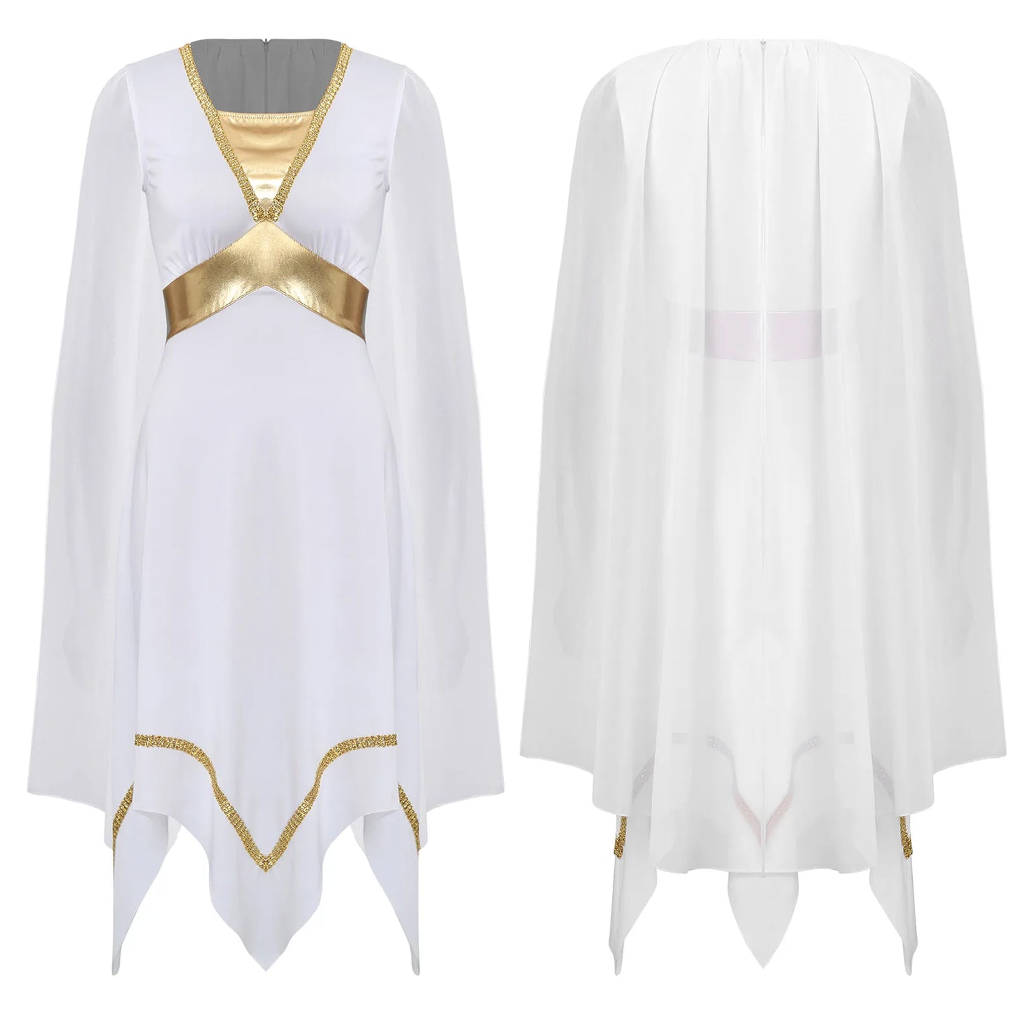 Women Halloween Ancient Greek Athena Goddesses Princess Queen Cosplay Costume Roman Toga Dress Cape Sleeve Sequin Split Gown