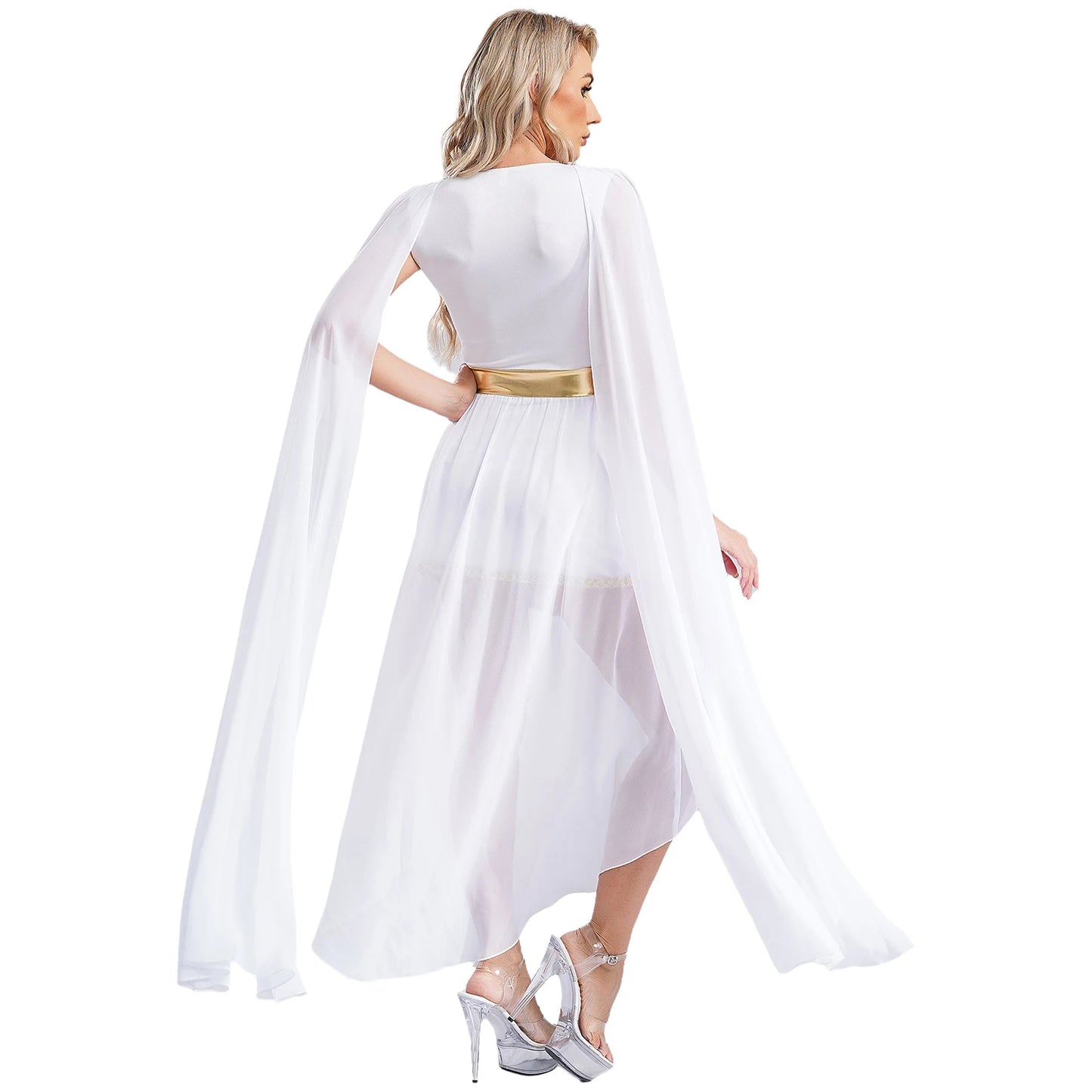 Women Halloween Ancient Greek Athena Goddesses Princess Queen Cosplay Costume Roman Toga Dress Cape Sleeve Sequin Split Gown