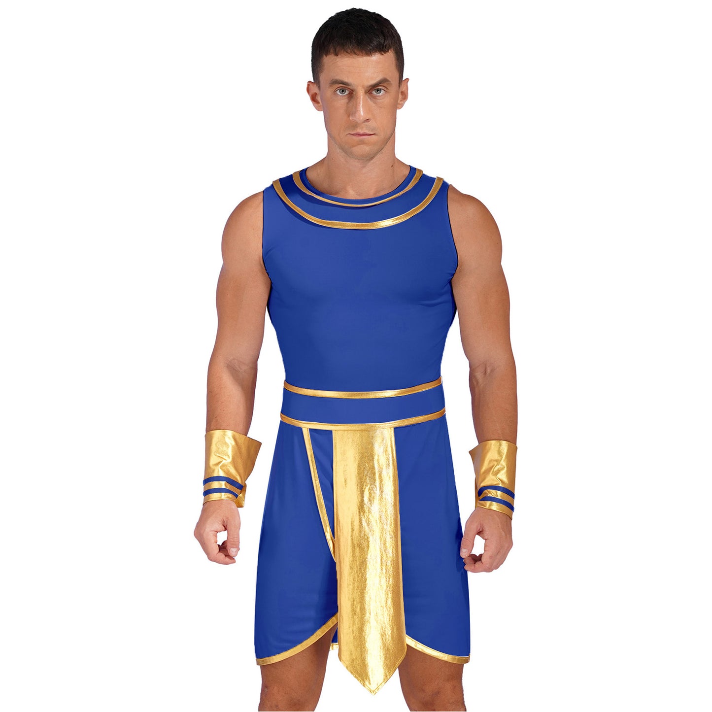 Ancient Mens Egypt Priest Role Play Costume Egyptian Pharaoh Cosplay Dresses Sleeveless Dress with Cuffs Halloween Dress Up