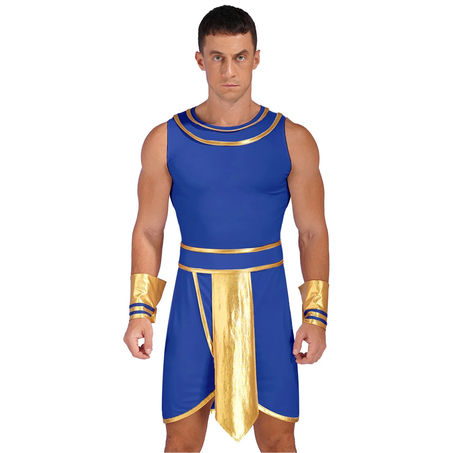 Mens Halloween Egyptian Costume Adult Ancient Egypt King Prince Fancy Dress Up Robe Dress with Cuffs Outfit for Carnival Party