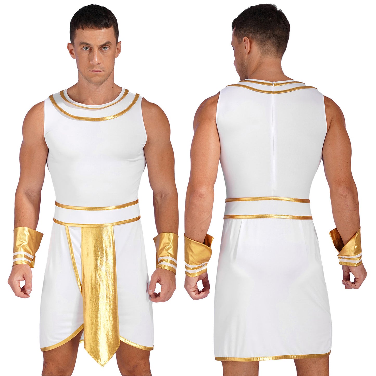 Mens Halloween Egyptian Costume Adult Ancient Egypt King Prince Fancy Dress Up Robe Dress with Cuffs Outfit for Carnival Party