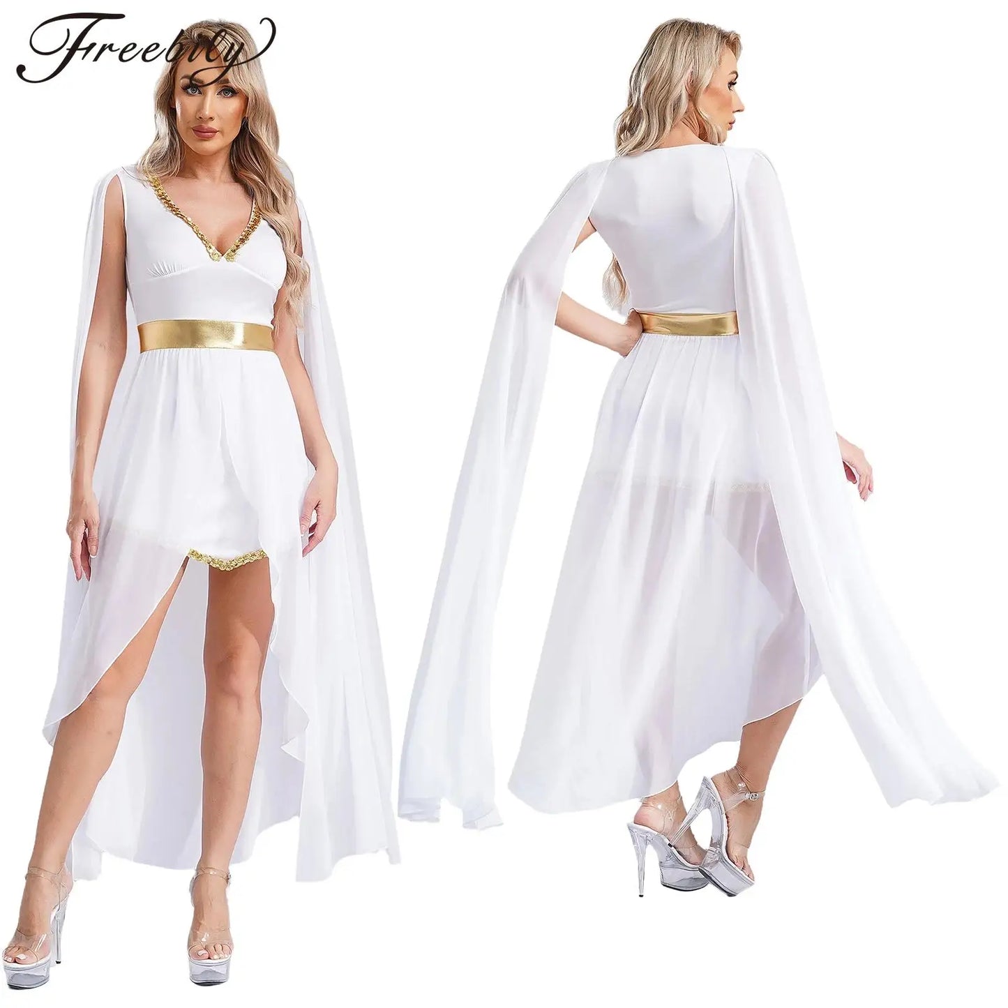 Women Halloween Ancient Greek Athena Goddesses Princess Queen Cosplay Costume Roman Toga Dress Cape Sleeve Sequin Split Gown