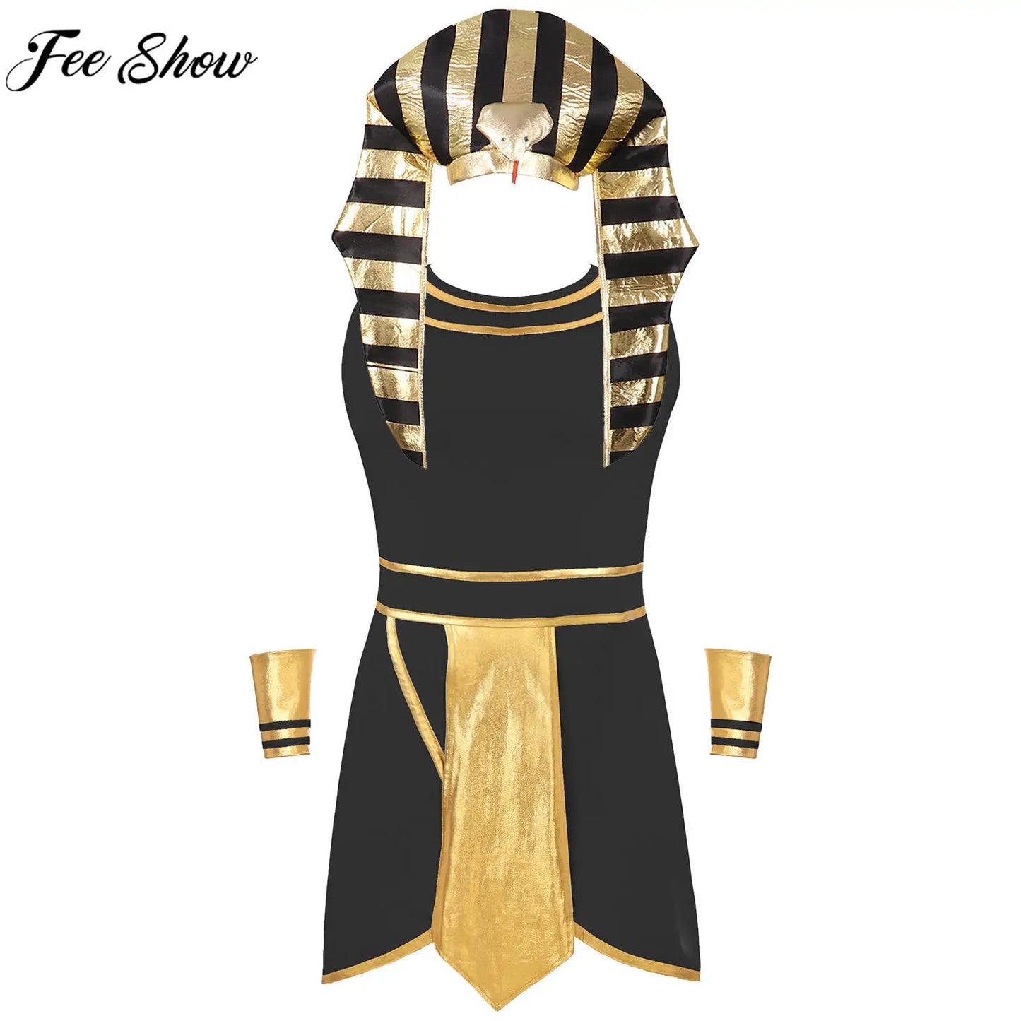 Mens Halloween Egyptian Pharaoh King Cosplay Costume Carnival Ancient Egypt Role Play Clothes Dress with Cuffs Snake Head Hat