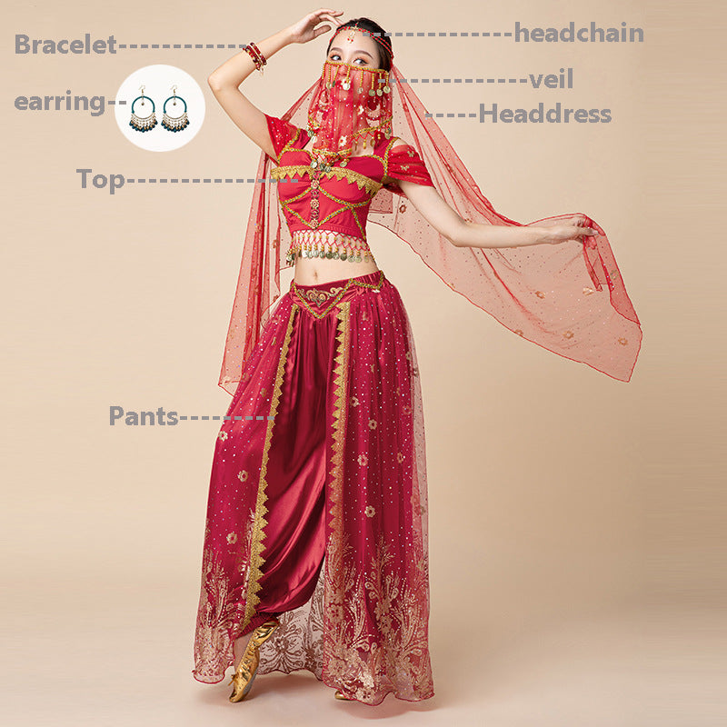 Women Arabic Belly Dance Costume Adult Oriental Indian Sari Bollywood Jasmine Halloween Cosplay Headdress Top Pants Rave Outfit