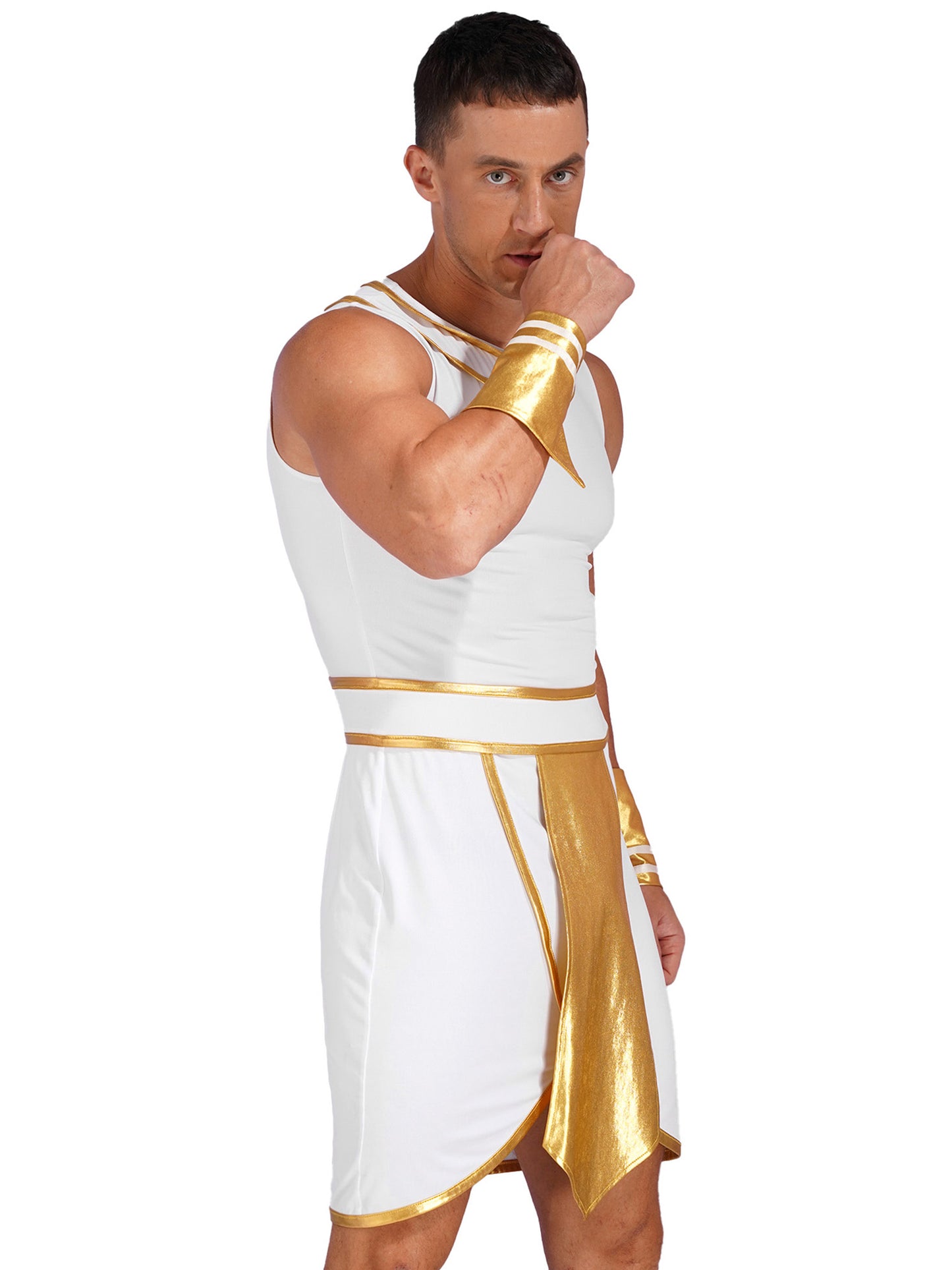 Mens Halloween Egyptian Pharaoh Costume Cosplay Theme Party Ancient Egypt God Robe Dress Greek Rome Spartan Warrior with Cuffs