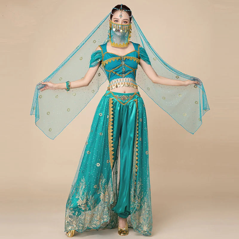 Women Arabic Belly Dance Costume Adult Oriental Indian Sari Bollywood Jasmine Halloween Cosplay Headdress Top Pants Rave Outfit