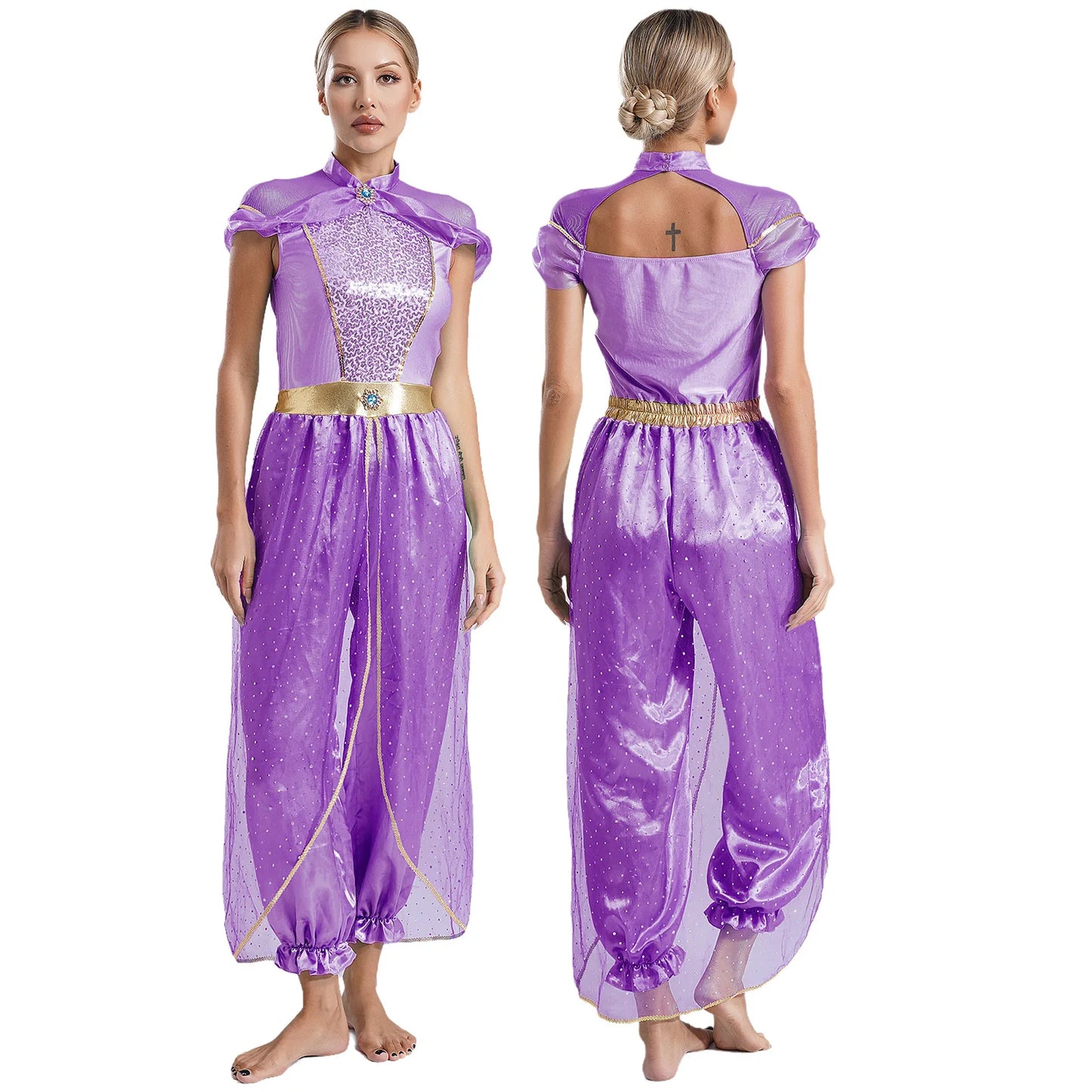 Womens Halloween Arabian Princess Costume Gems Sequin Tulle Rompers Belly Dance Jumpsuit for Carnival Aladin Theme Party Cosplay