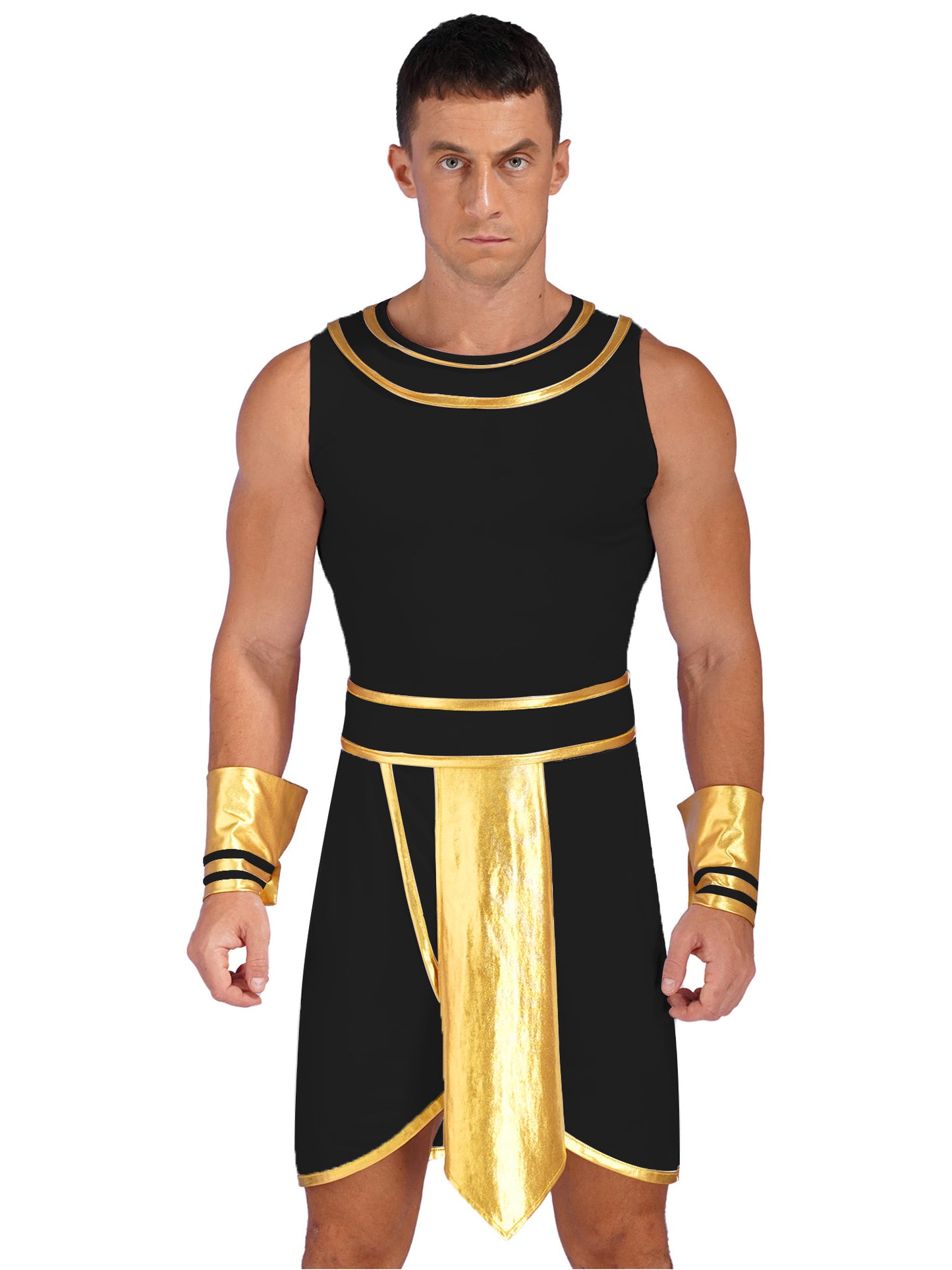 Mens Halloween Egyptian Pharaoh Costume Cosplay Theme Party Ancient Egypt God Robe Dress Greek Rome Spartan Warrior with Cuffs