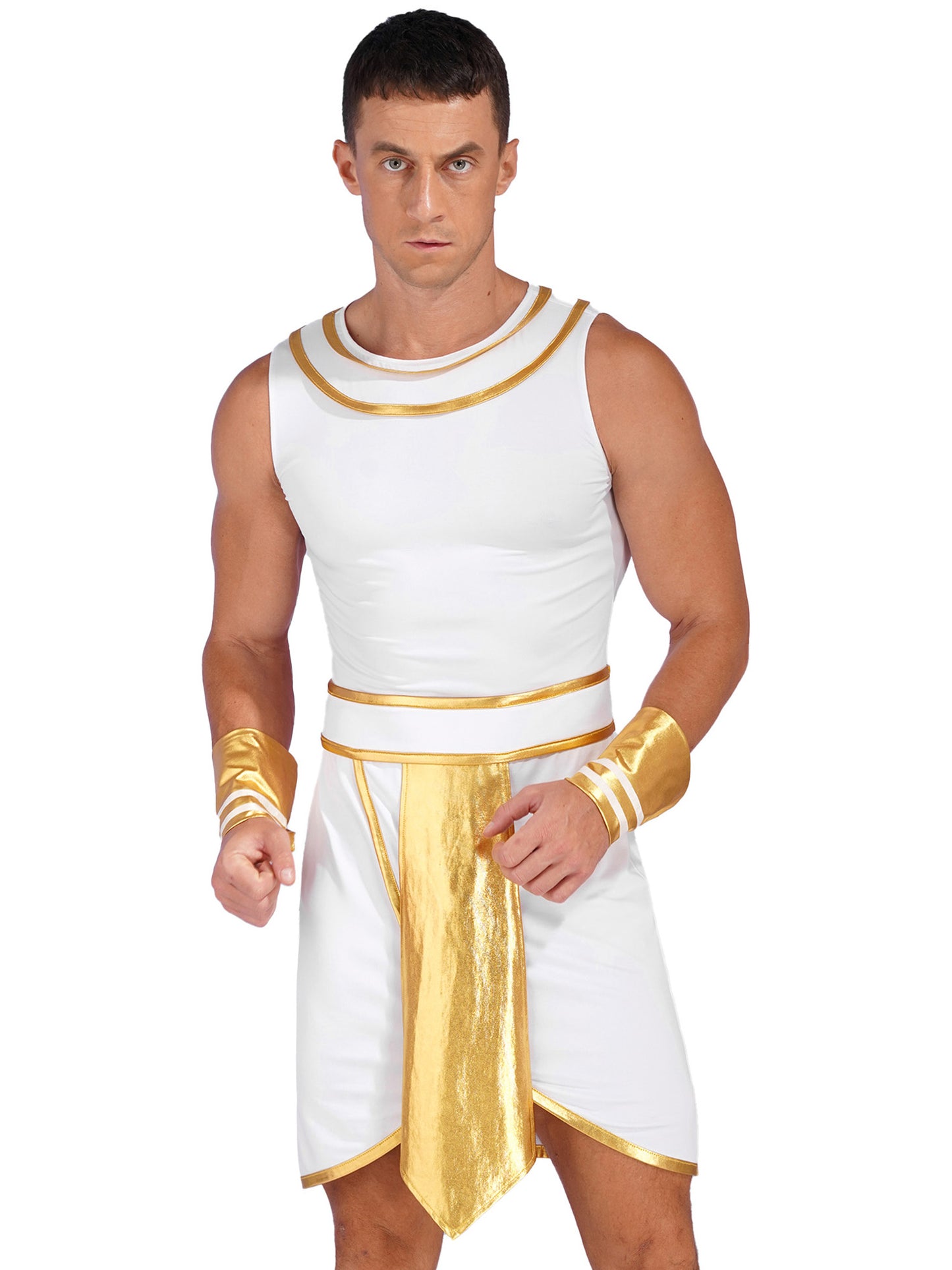 Mens Halloween Egyptian Pharaoh Costume Cosplay Theme Party Ancient Egypt God Robe Dress Greek Rome Spartan Warrior with Cuffs