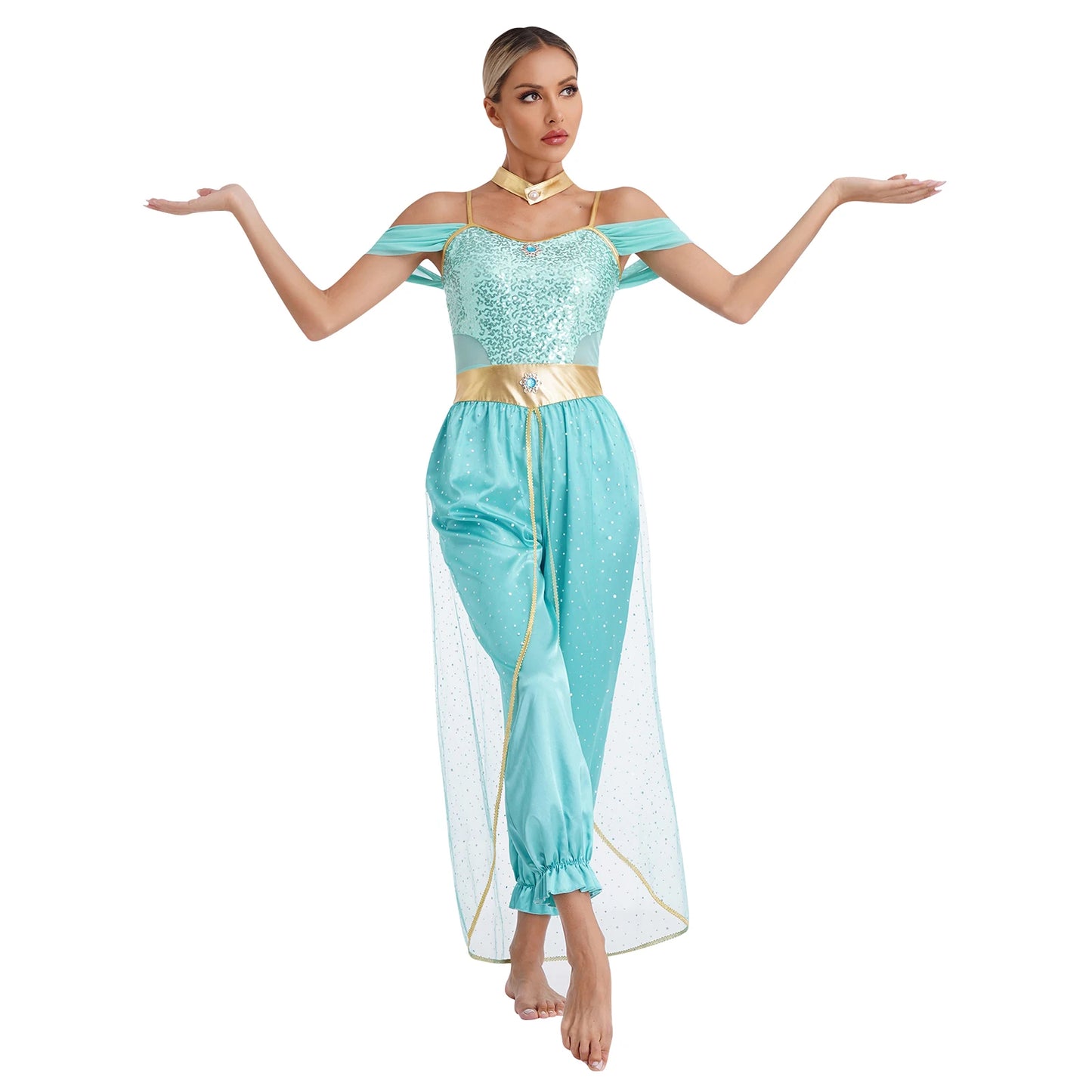 Womens Halloween Arabian Princess Costume Gems Sequin Tulle Rompers Belly Dance Jumpsuit for Carnival Aladin Theme Party Cosplay