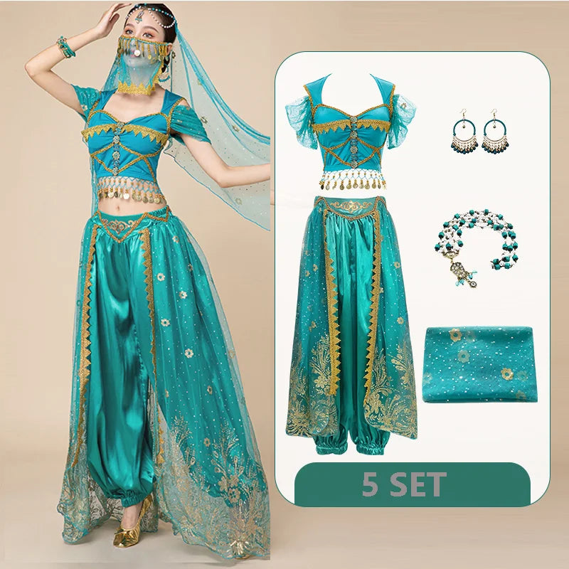 Women Arabic Belly Dance Costume Adult Oriental Indian Sari Bollywood Jasmine Halloween Cosplay Headdress Top Pants Rave Outfit