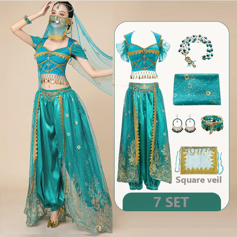 Women Arabic Belly Dance Costume Adult Oriental Indian Sari Bollywood Jasmine Halloween Cosplay Headdress Top Pants Rave Outfit