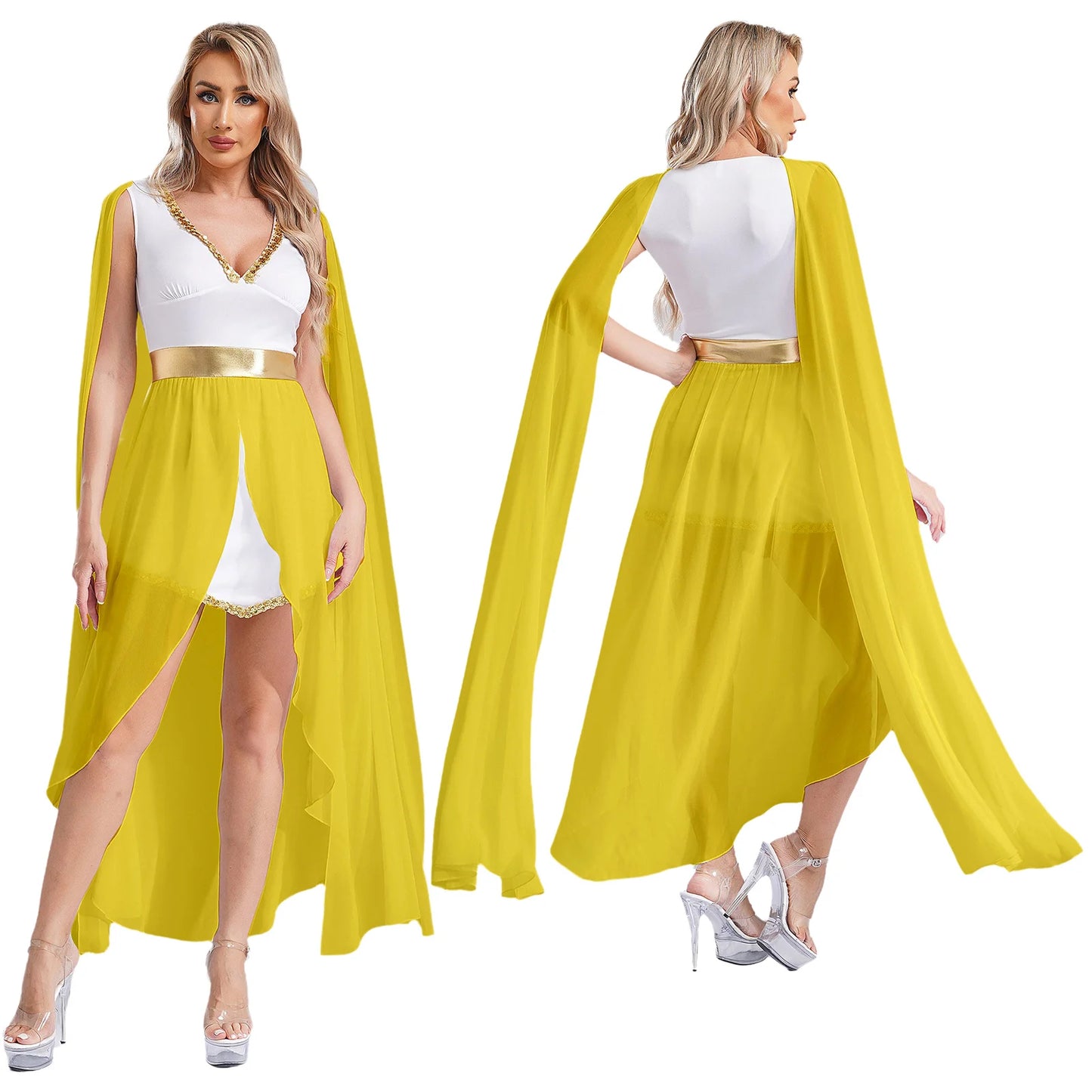 Women Halloween Ancient Greek Athena Goddesses Princess Queen Cosplay Costume Roman Toga Dress Cape Sleeve Sequin Split Gown