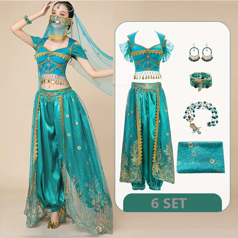 Women Arabic Belly Dance Costume Adult Oriental Indian Sari Bollywood Jasmine Halloween Cosplay Headdress Top Pants Rave Outfit