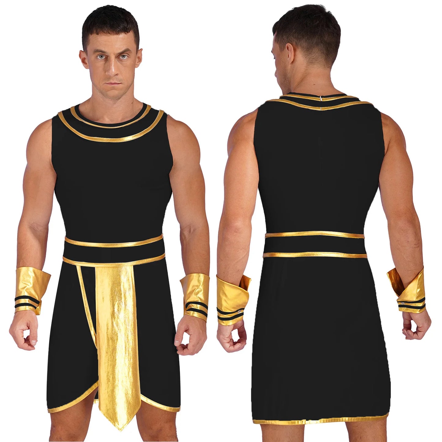 Mens Halloween Egyptian Pharaoh Costume Cosplay Theme Party Ancient Egypt God Robe Dress Greek Rome Spartan Warrior with Cuffs