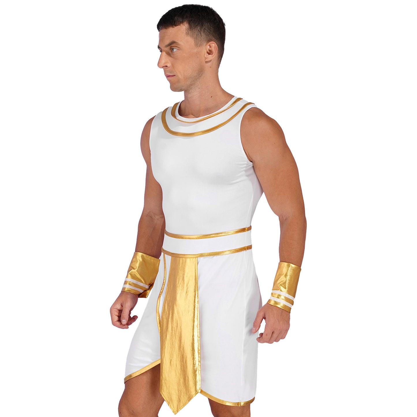 Mens Halloween Egyptian Pharaoh King Cosplay Costume Carnival Ancient Egypt Role Play Clothes Dress with Cuffs Snake Head Hat