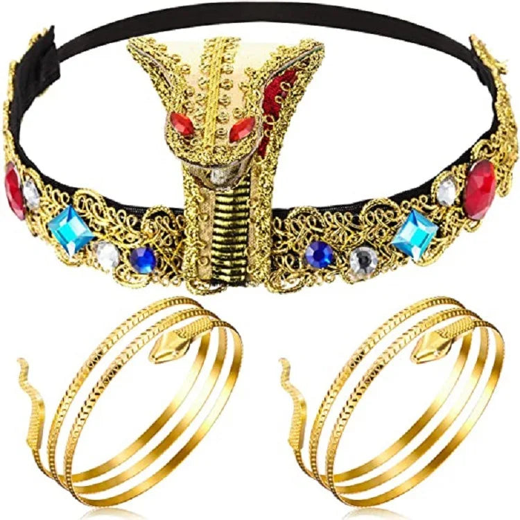 3 Pieces Egyptian Costume Accessories Egyptian Headpiece with 2 Pieces Metal Snake Arm Cuffs Swirl Snake Bracelets Snake Upper