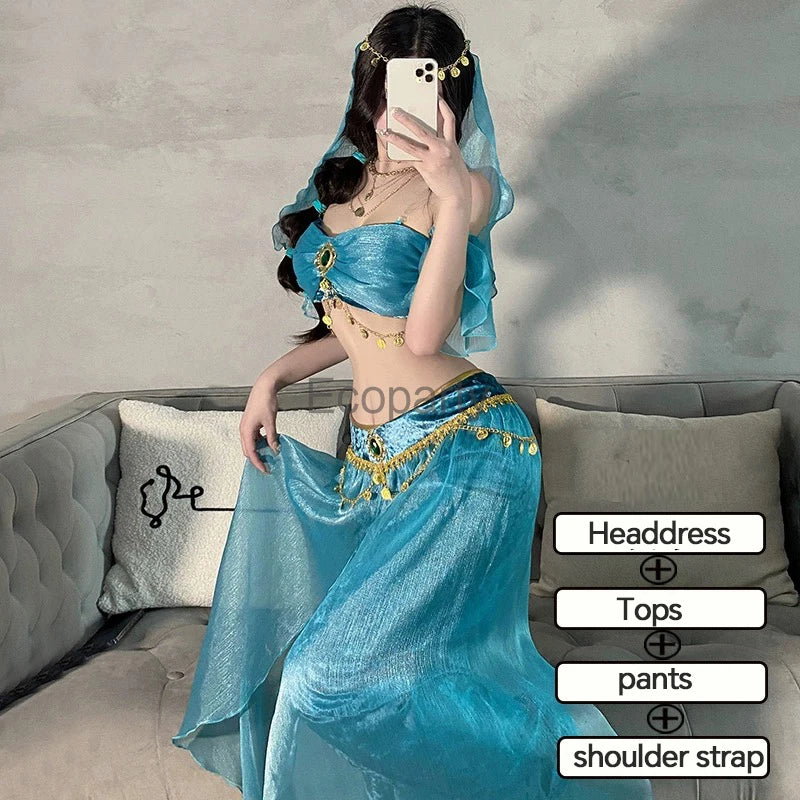 Women Sexy Arabian Princess Costume Fancy Indian Dance Embroider Bollywoods Jasmine Dress Up Egyptian Queen Belly Dance Costume