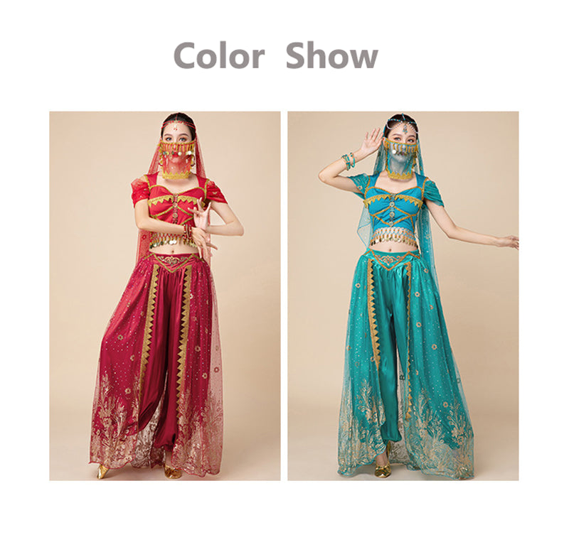 Women Arabic Belly Dance Costume Adult Oriental Indian Sari Bollywood Jasmine Halloween Cosplay Headdress Top Pants Rave Outfit