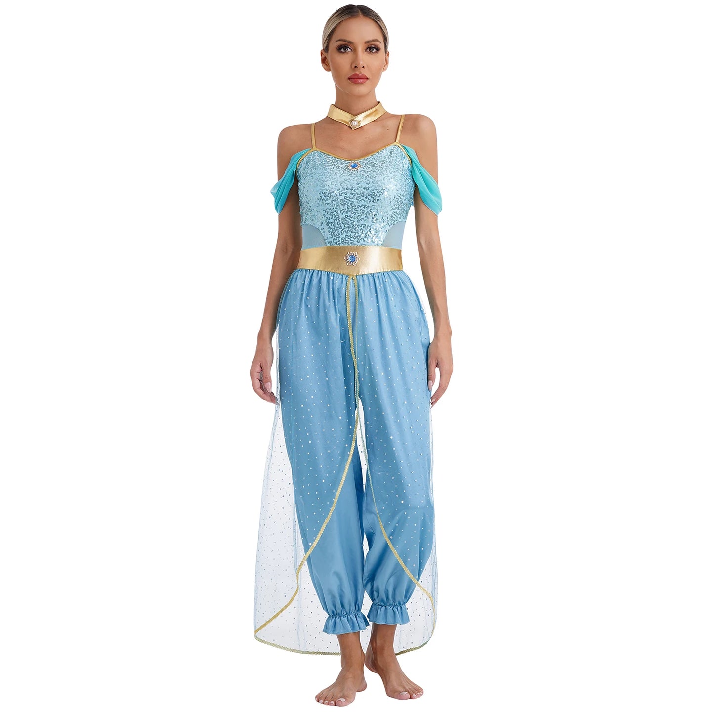 Womens Halloween Arabian Princess Costume Gems Sequin Tulle Rompers Belly Dance Jumpsuit for Carnival Aladin Theme Party Cosplay