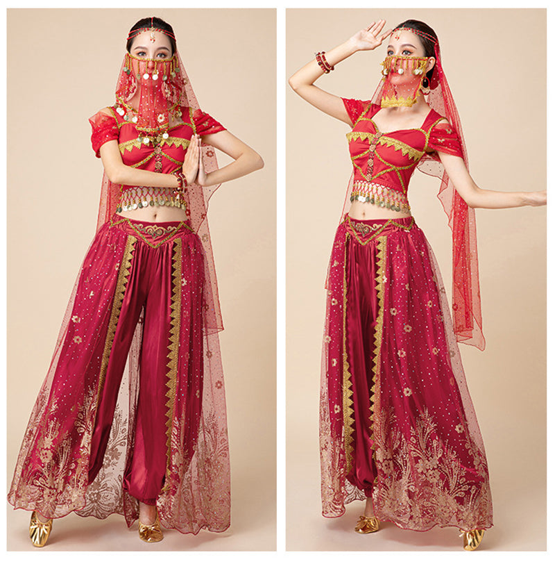 Women Arabic Belly Dance Costume Adult Oriental Indian Sari Bollywood Jasmine Halloween Cosplay Headdress Top Pants Rave Outfit