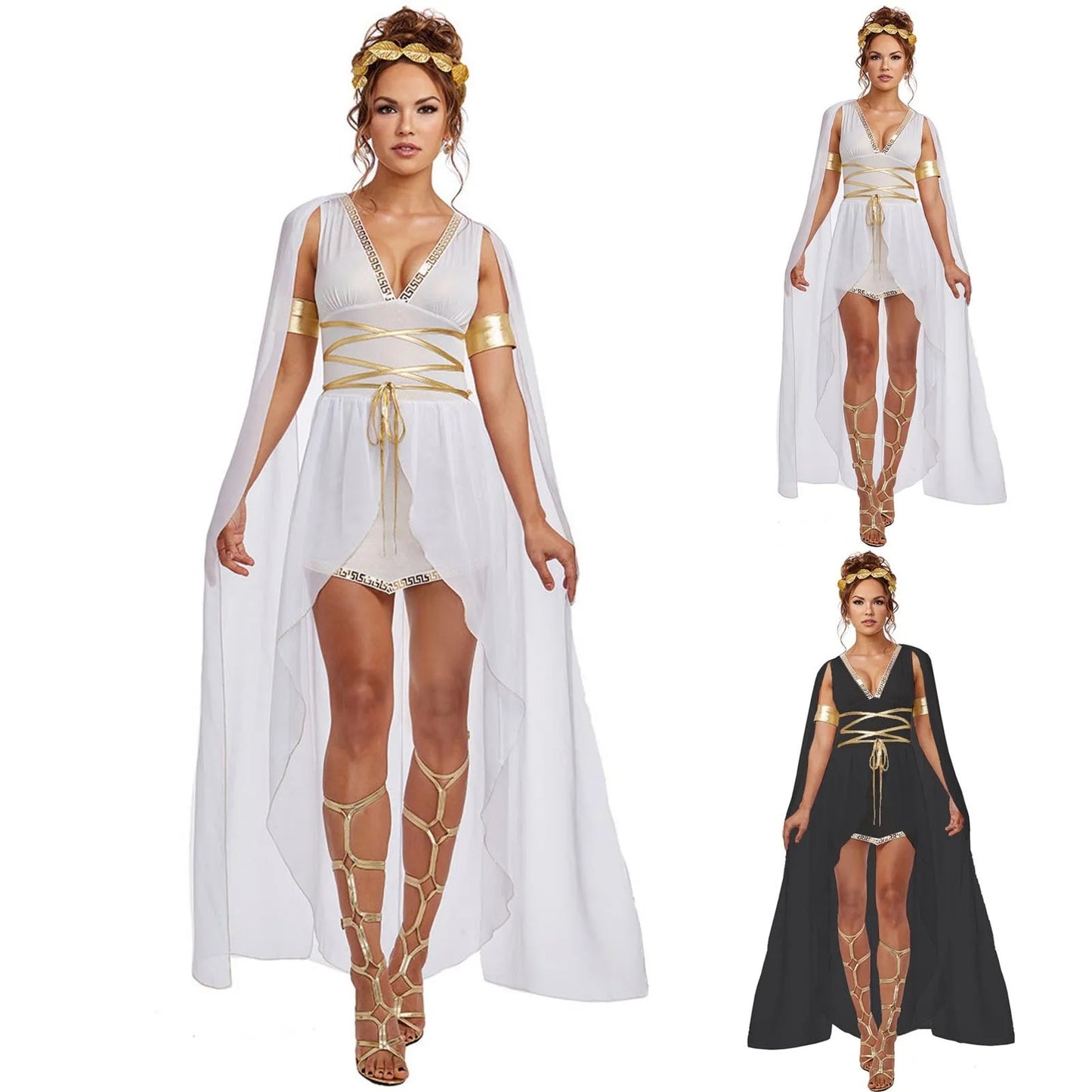 Women'S Stage Dress Costume Halloween Party Cosplay Costume Ancient Greek Goddess Costume Set With Headwear Waist Rope Bracelet