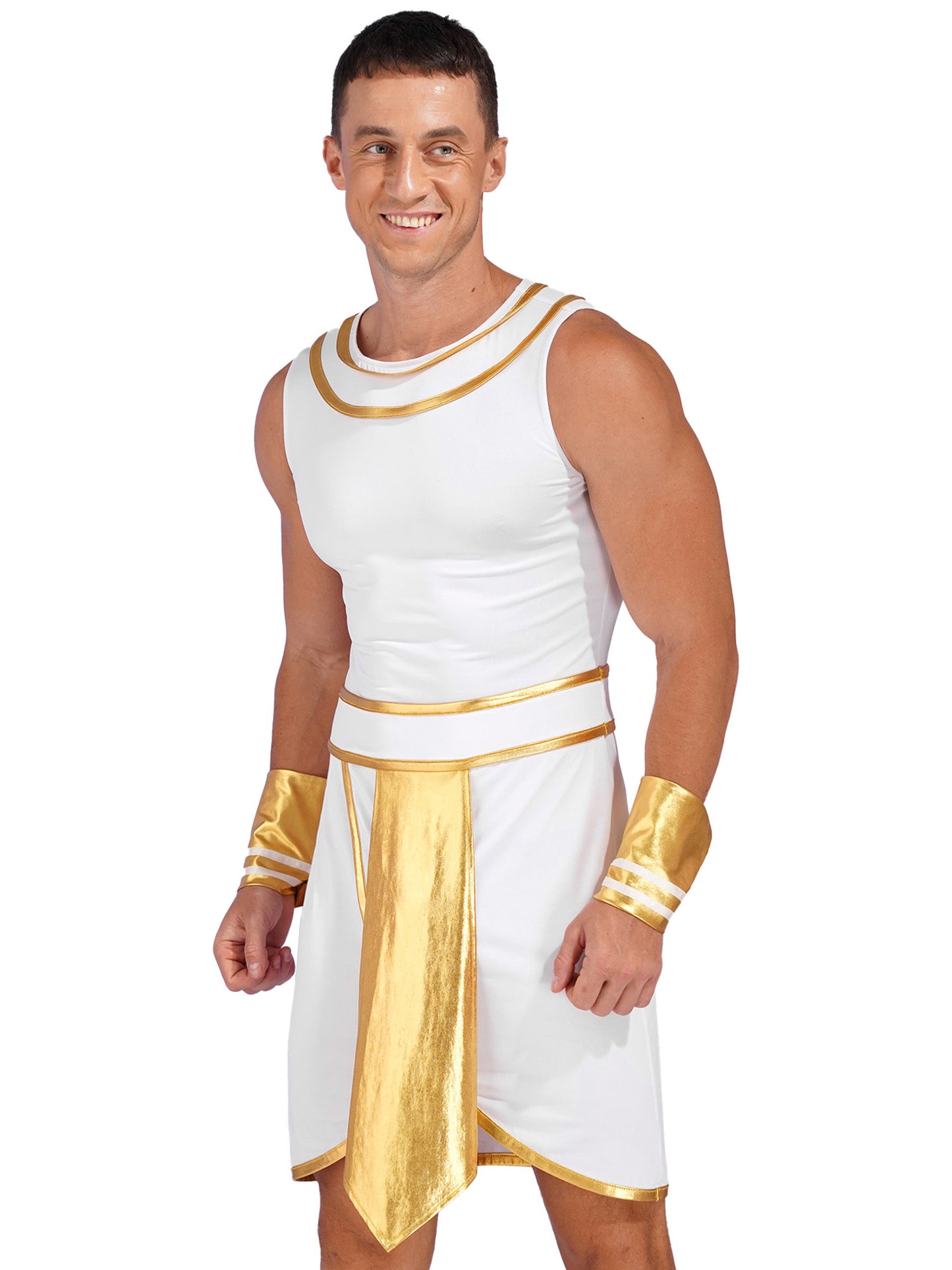 Ancient Mens Egypt Priest Role Play Costume Egyptian Pharaoh Cosplay Dresses Sleeveless Dress with Cuffs Halloween Dress Up