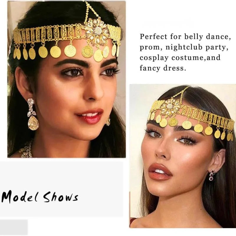 Arab Bridal Headdress Trend Gold Color Crystal Flower Coin Tassel Head Chain Jewelry Headpiece For Women Prom Party Accessories