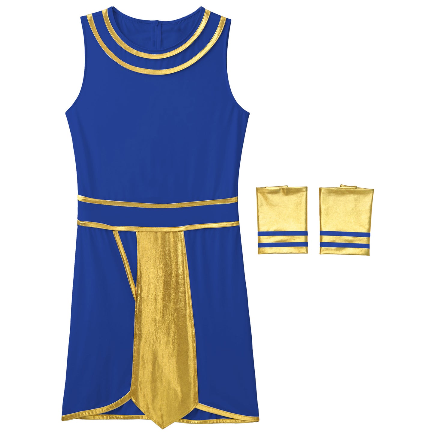 Mens Halloween Egyptian Pharaoh King Cosplay Costume Contrast Color Dress with Cuff Theme Party Ancient Egypt Role Play Clothes