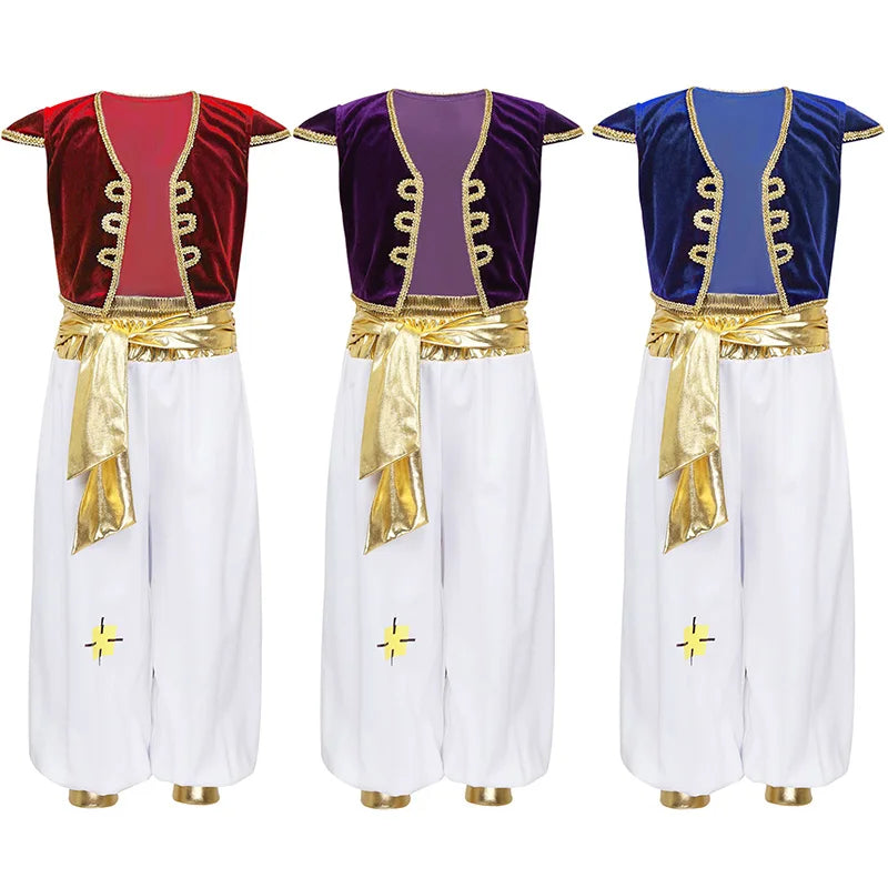 Boys Mythical Prince Aladin Carnival Cosplay Outfit Halloween Party Arabian Prince Role Play Waistcoat Vest Top+Belted Pants