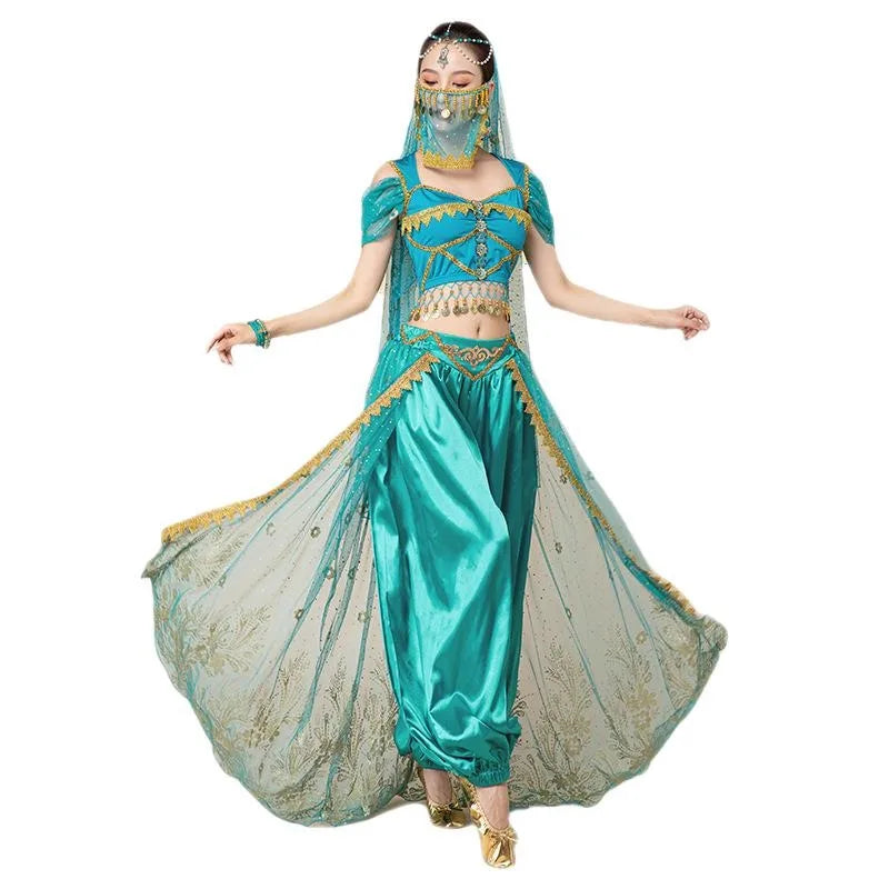 Women Arabic Belly Dance Costume Adult Oriental Indian Sari Bollywood Jasmine Halloween Cosplay Headdress Top Pants Rave Outfit