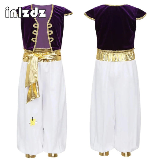 Boys Mythical Prince Aladin Carnival Cosplay Outfit Halloween Party Arabian Prince Role Play Waistcoat Vest Top+Belted Pants