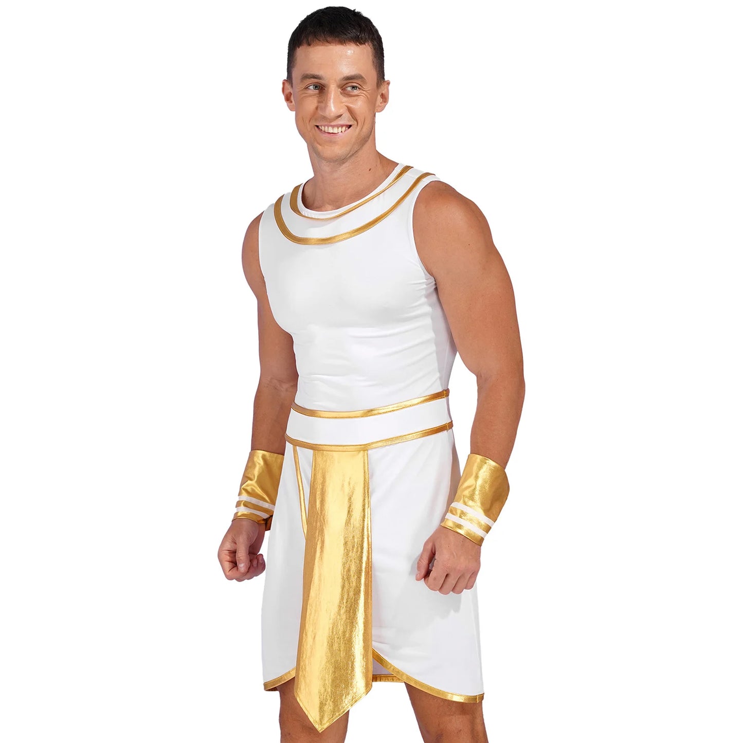 Mens Halloween Egyptian Costume Adult Ancient Egypt King Prince Fancy Dress Up Robe Dress with Cuffs Outfit for Carnival Party