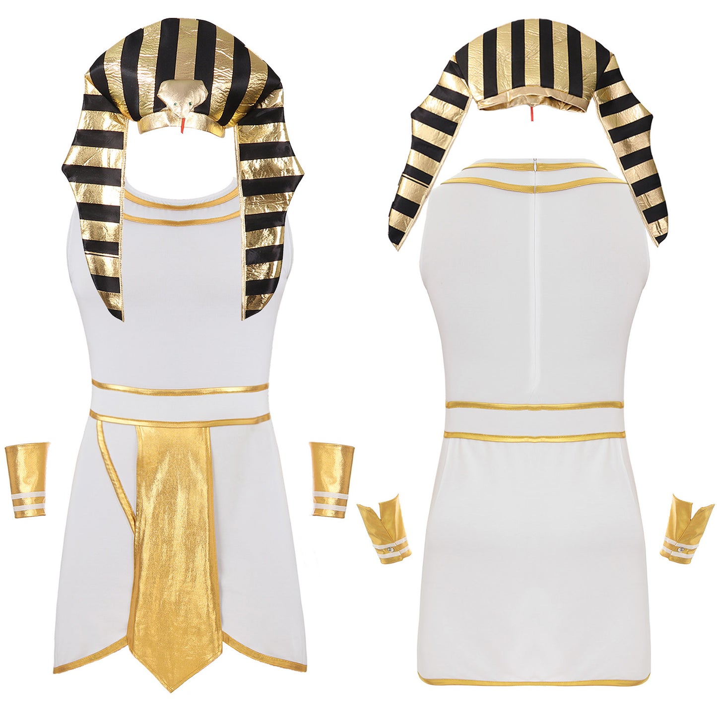 Mens Halloween Egyptian Pharaoh King Cosplay Costume Carnival Ancient Egypt Role Play Clothes Dress with Cuffs Snake Head Hat