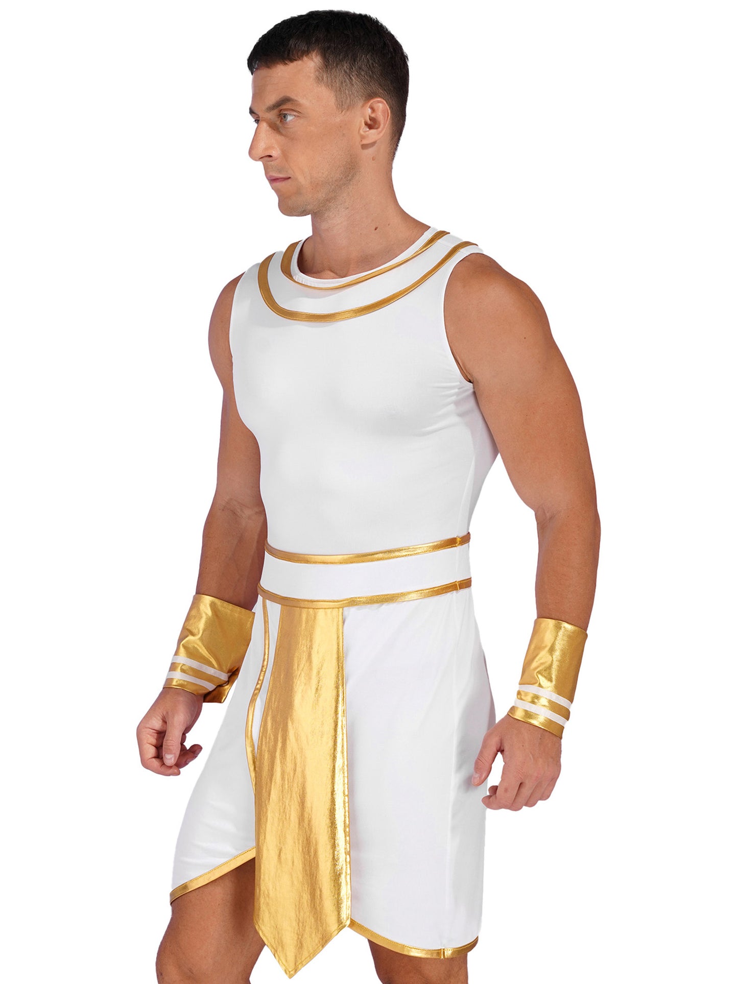 Mens Halloween Egyptian Pharaoh King Cosplay Costume Contrast Color Dress with Cuff Theme Party Ancient Egypt Role Play Clothes