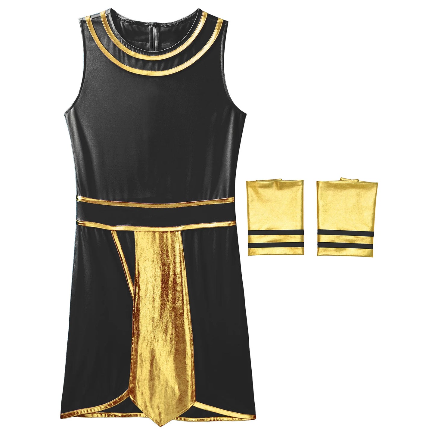 Mens Halloween Egyptian Pharaoh King Cosplay Costume Contrast Color Dress with Cuff Theme Party Ancient Egypt Role Play Clothes