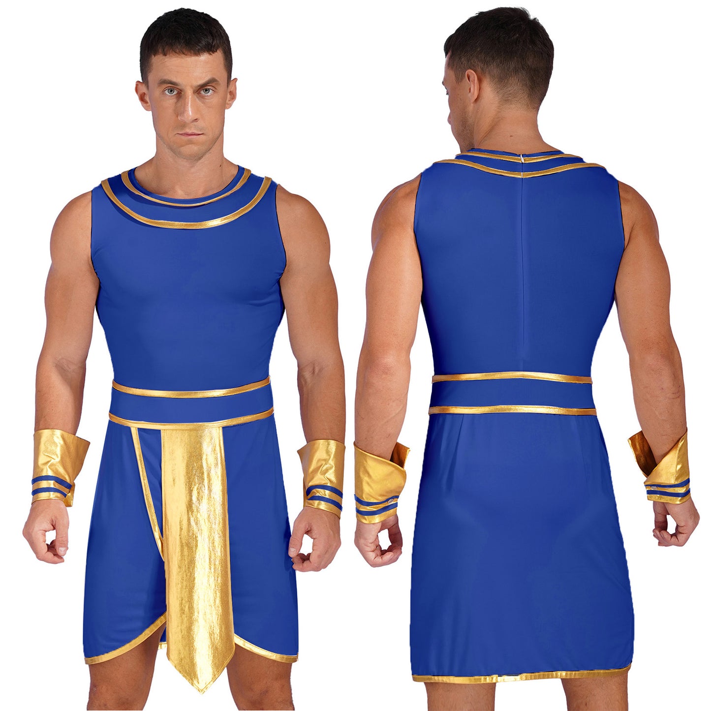 Mens Halloween Egyptian Costume Adult Ancient Egypt King Prince Fancy Dress Up Robe Dress with Cuffs Outfit for Carnival Party