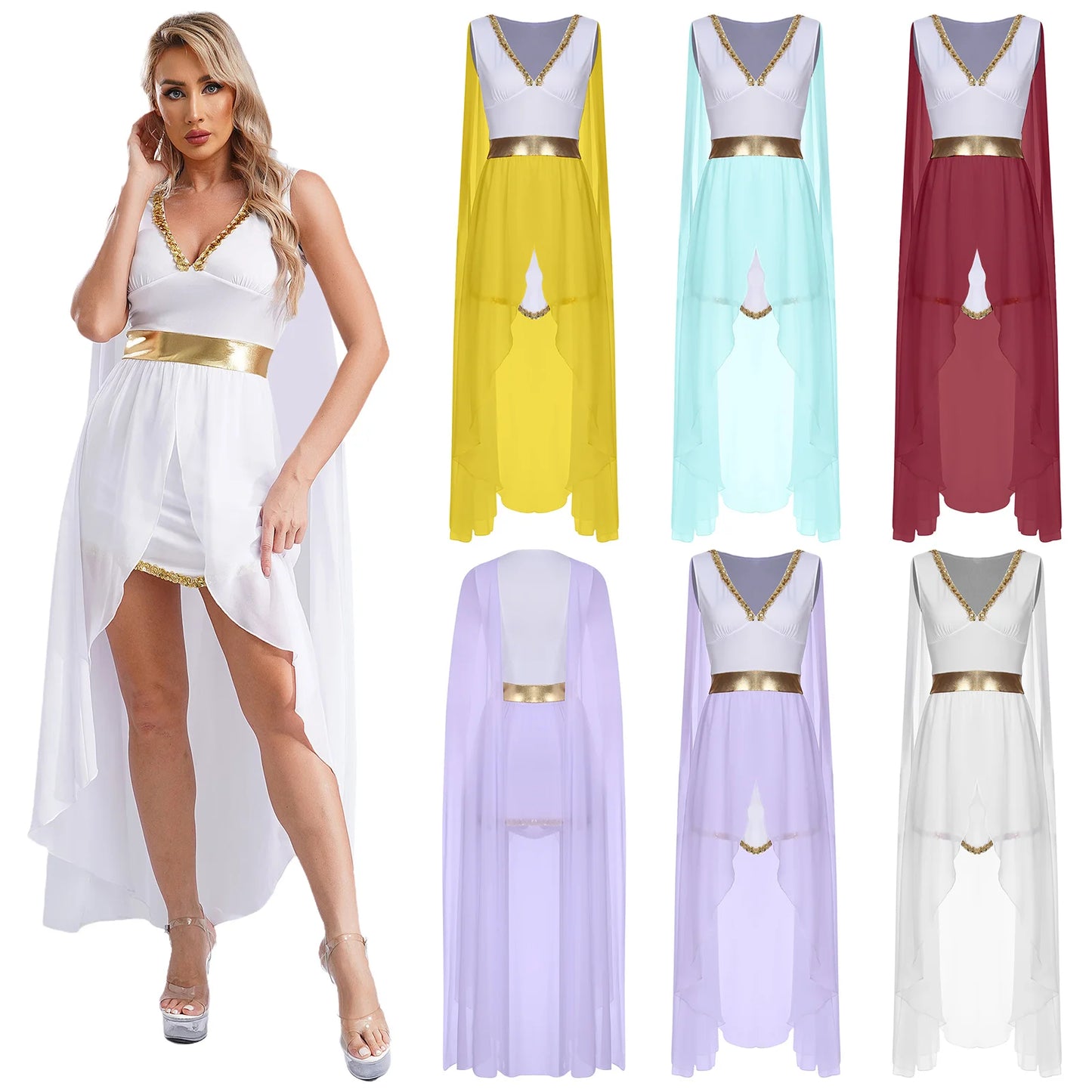 Women Halloween Ancient Greek Athena Goddesses Princess Queen Cosplay Costume Roman Toga Dress Cape Sleeve Sequin Split Gown